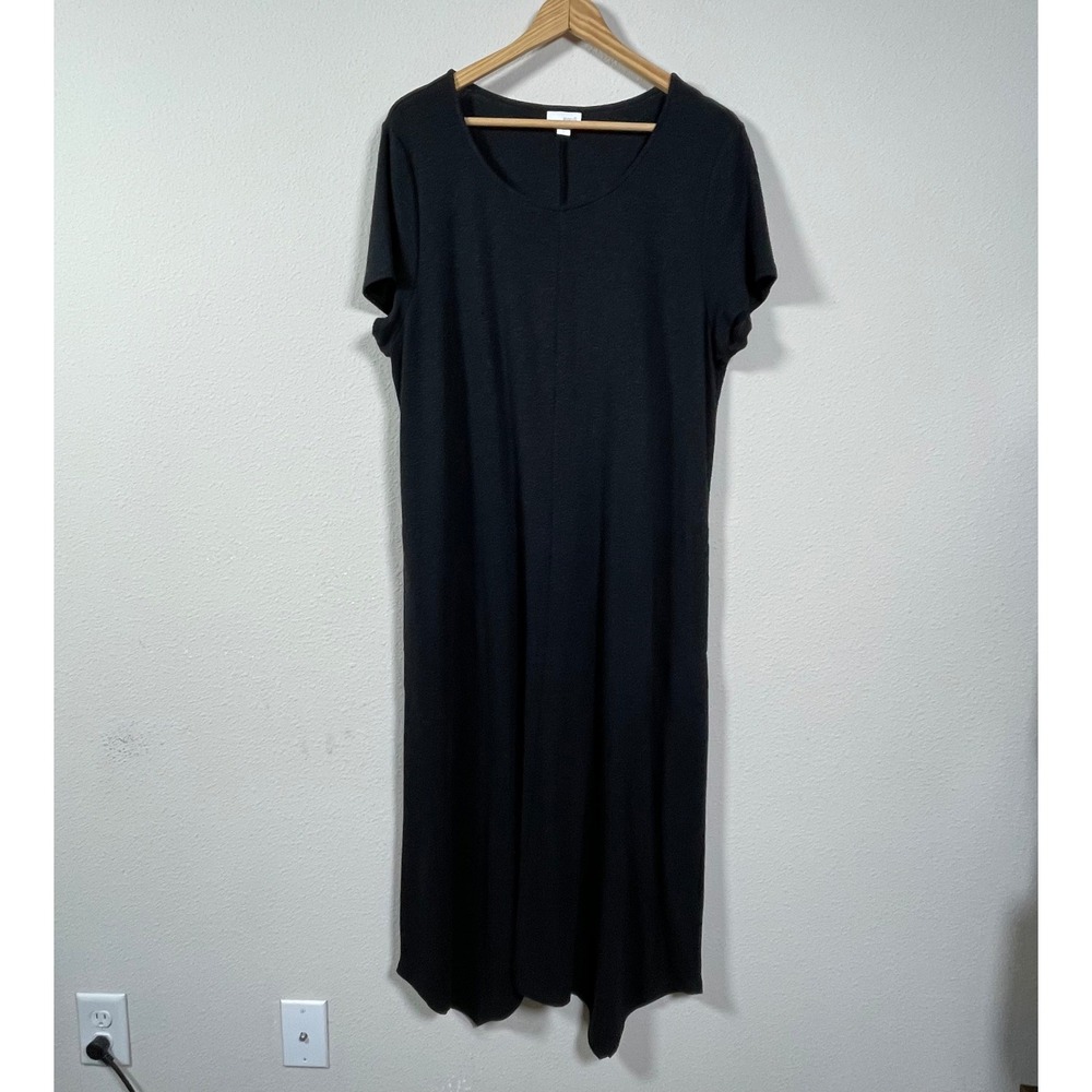 Pure Jill Maxi Dress Womens L Black Linen Blend Sharkbite Hem Pockets Minimalist